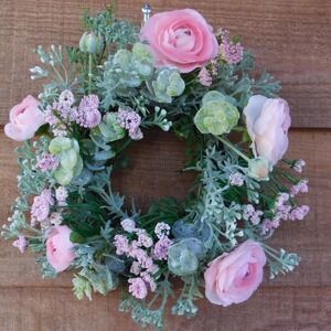 Dusty Miller Mini Wreath, Eucalyptus, Pink Flowers, Candle Ring